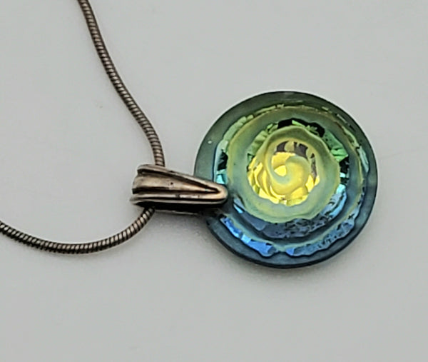 Vintage Foil Backed Etched Spiral Glass Pendant on Sterling Silver Necklace - 20"