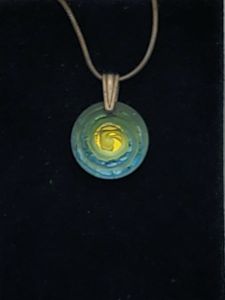 Vintage Foil Backed Etched Spiral Glass Pendant on Sterling Silver Necklace - 20"