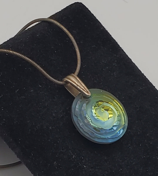 Vintage Foil Backed Etched Spiral Glass Pendant on Sterling Silver Necklace - 20"