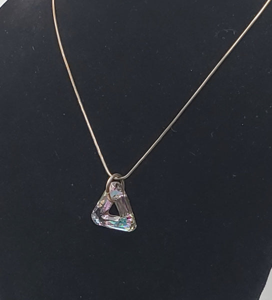 Vintage Faceted Prismatic Triangular Foil-Backed Pendant on Sterling Silver Necklace - 16"