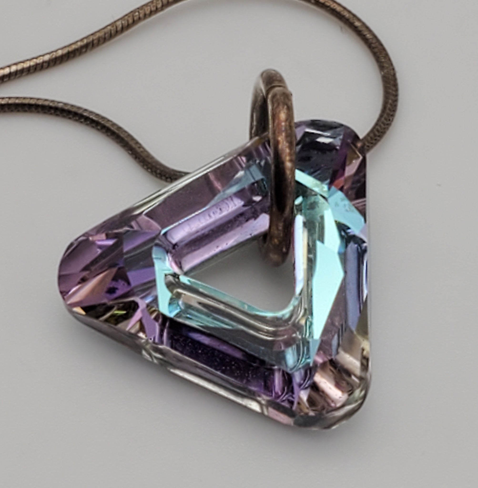 Vintage Faceted Prismatic Triangular Foil-Backed Pendant on Sterling Silver Necklace - 16"