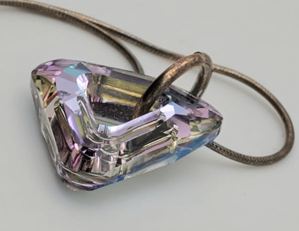 Vintage Faceted Prismatic Triangular Foil-Backed Pendant on Sterling Silver Necklace - 16"