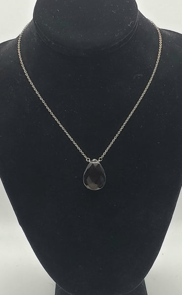 Vintage Smoky Quartz Faceted Teardrop Pendant Chain Necklace - 16.5"