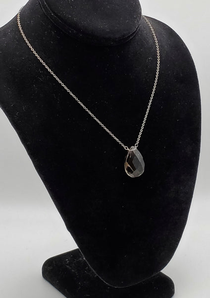 Vintage Smoky Quartz Faceted Teardrop Pendant Chain Necklace - 16.5"