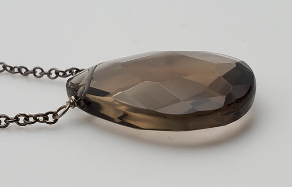 Vintage Smoky Quartz Faceted Teardrop Pendant Chain Necklace - 16.5"