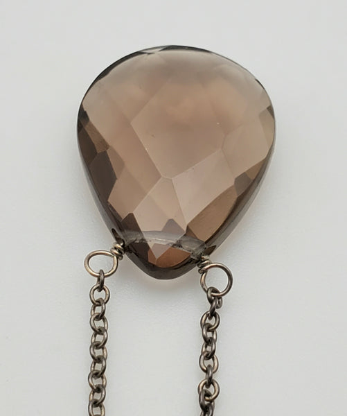 Vintage Smoky Quartz Faceted Teardrop Pendant Chain Necklace - 16.5"