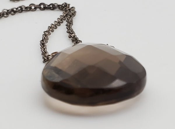 Vintage Smoky Quartz Faceted Teardrop Pendant Chain Necklace - 16.5"