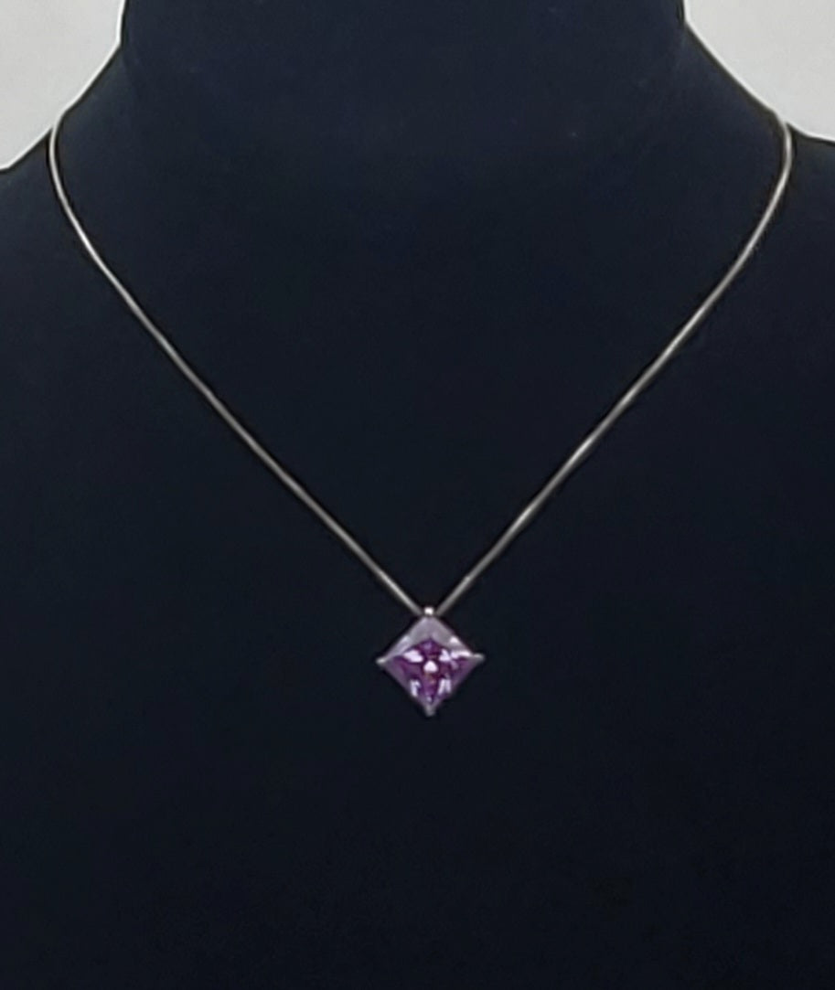 Vintage Light Purple Cubic Zirconia Pendant Sterling Silver Chain Necklace - 18"