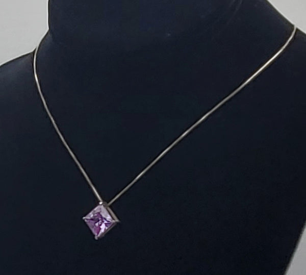 Vintage Light Purple Cubic Zirconia Pendant Sterling Silver Chain Necklace - 18"