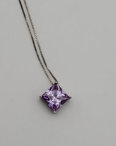Vintage Light Purple Cubic Zirconia Pendant Sterling Silver Chain Necklace - 18"