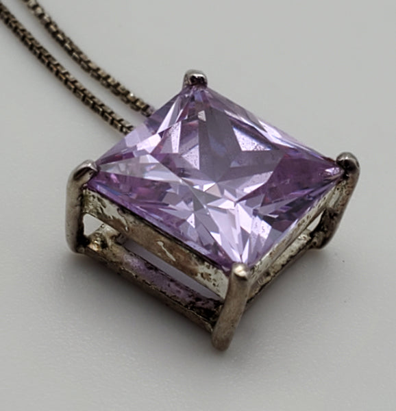 Vintage Light Purple Cubic Zirconia Pendant Sterling Silver Chain Necklace - 18"