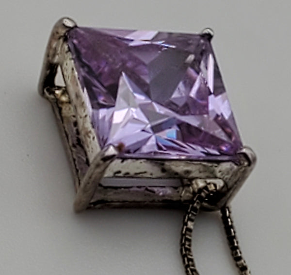 Vintage Light Purple Cubic Zirconia Pendant Sterling Silver Chain Necklace - 18"