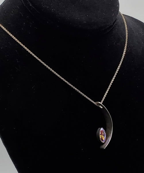 Drew M. Ruiz - Vintage Sterling Silver Iridescent Faceted Glass Modern Design Pendant on Sterling Silver Chain Necklace - 18"