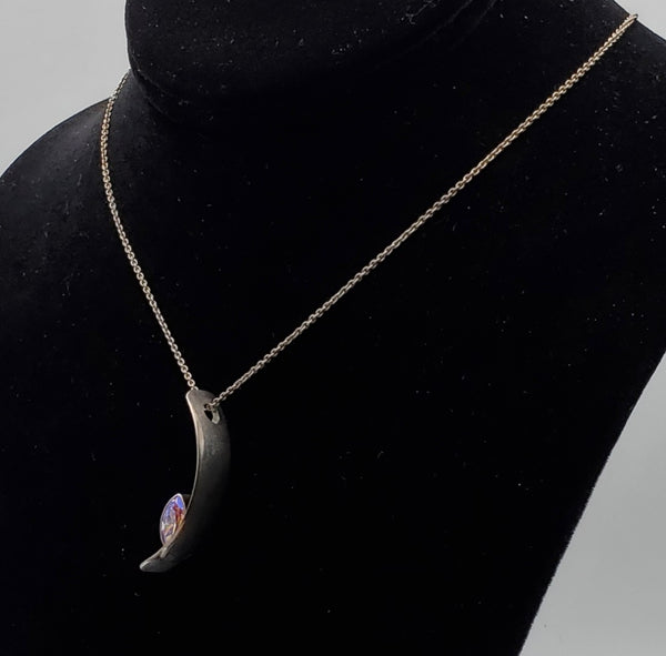 Drew M. Ruiz - Vintage Sterling Silver Iridescent Faceted Glass Modern Design Pendant on Sterling Silver Chain Necklace - 18"