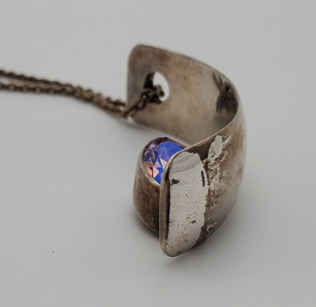 Drew M. Ruiz - Vintage Sterling Silver Iridescent Faceted Glass Modern Design Pendant on Sterling Silver Chain Necklace - 18"