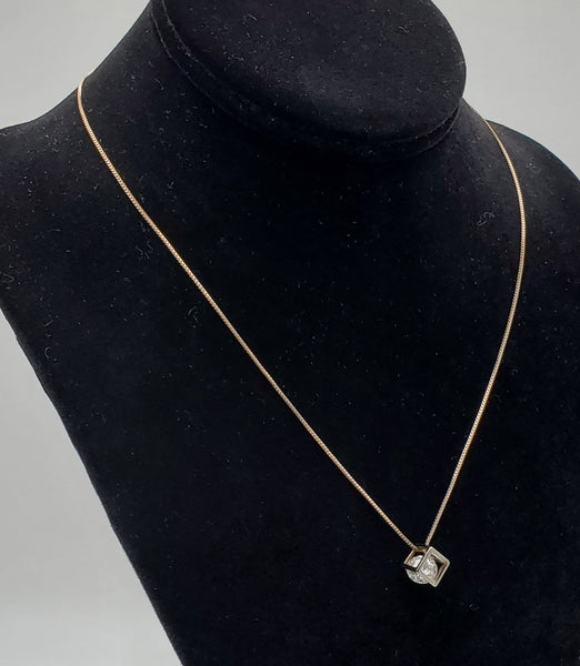 Vintage Caged Rhinestone Gold Tone Pendant on Gold Tone Sterling Chain Necklace - 18"