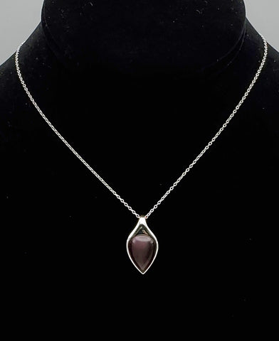Vintage Sterling Silver Purple Cat's Eye Glass Pendant Sterling Silver Chain Necklace - 18"