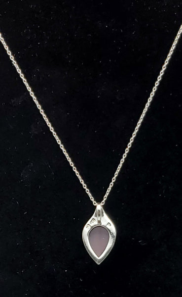 Vintage Sterling Silver Purple Cat's Eye Glass Pendant Sterling Silver Chain Necklace - 18"