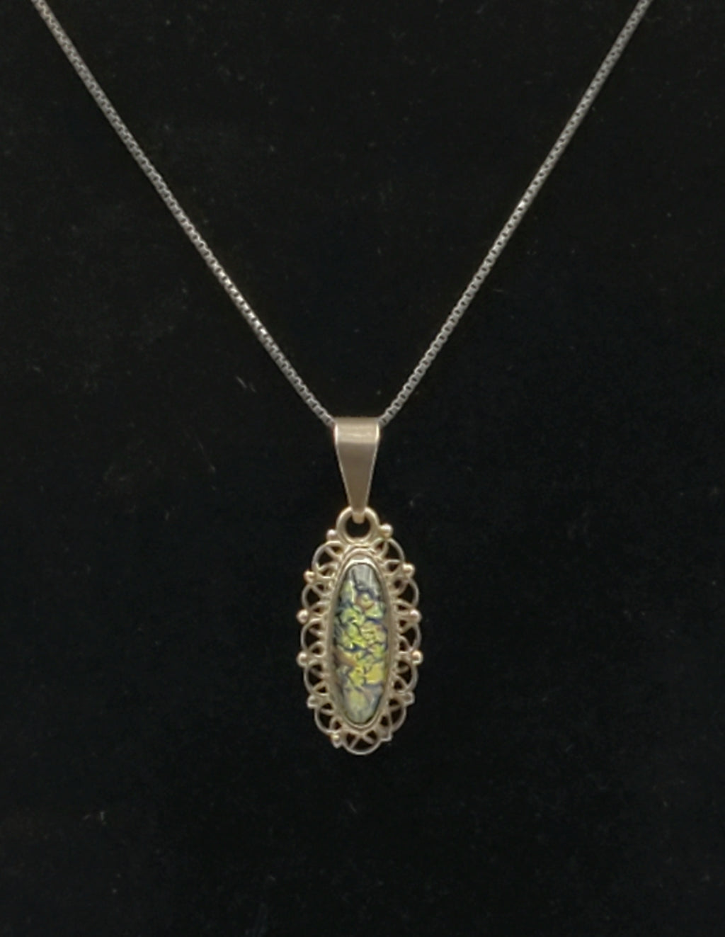 Vintage Handmade Dichroic Glass Sterling Silver Pendant on Sterling Silver Italian Chain Necklace - 23.5"