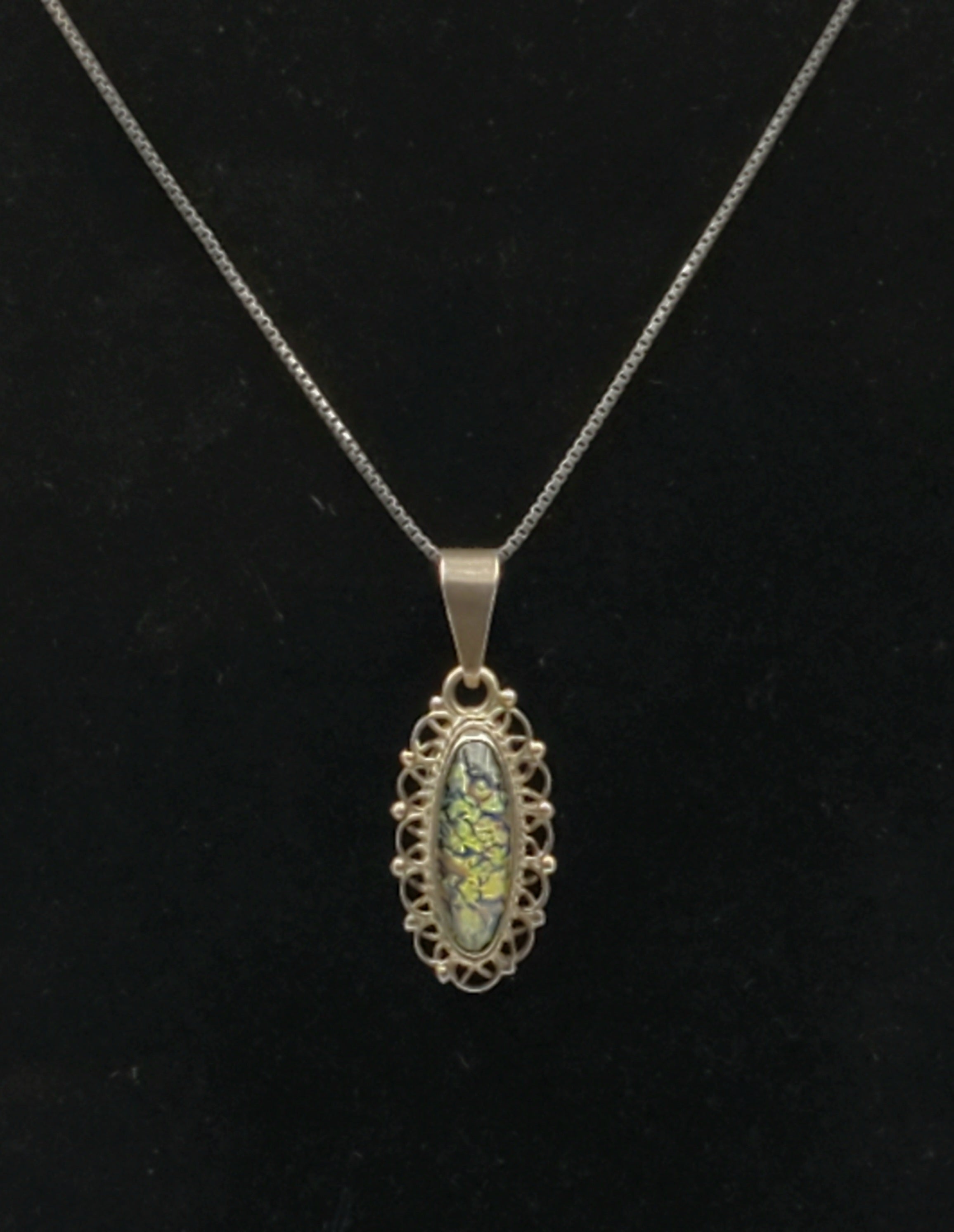 Vintage Handmade Dichroic Glass Sterling Silver Pendant on Sterling Silver Italian Chain Necklace - 23.5"