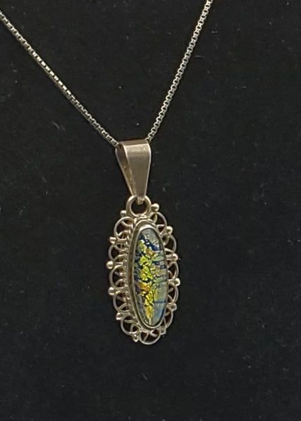 Vintage Handmade Dichroic Glass Sterling Silver Pendant on Sterling Silver Italian Chain Necklace - 23.5"