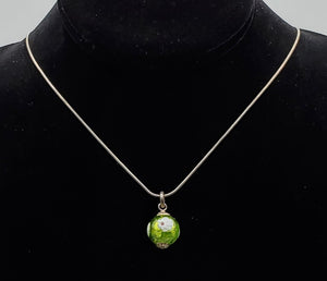 Vintage Green Floral Glass Bead Pendant on Italian Sterling Silver Necklace - 18"