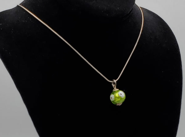 Vintage Green Floral Glass Bead Pendant on Italian Sterling Silver Necklace - 18"