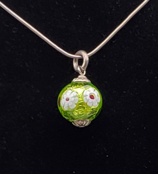Vintage Green Floral Glass Bead Pendant on Italian Sterling Silver Necklace - 18"