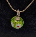 Vintage Green Floral Glass Bead Pendant on Italian Sterling Silver Necklace - 18"