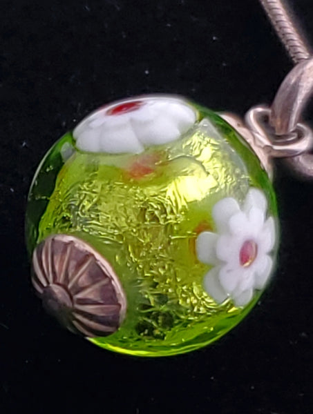 Vintage Green Floral Glass Bead Pendant on Italian Sterling Silver Necklace - 18"