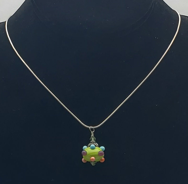 Vintage Handmade Glass Bead Pendant on Sterling Silver Snake Link Chain Necklace - 18"