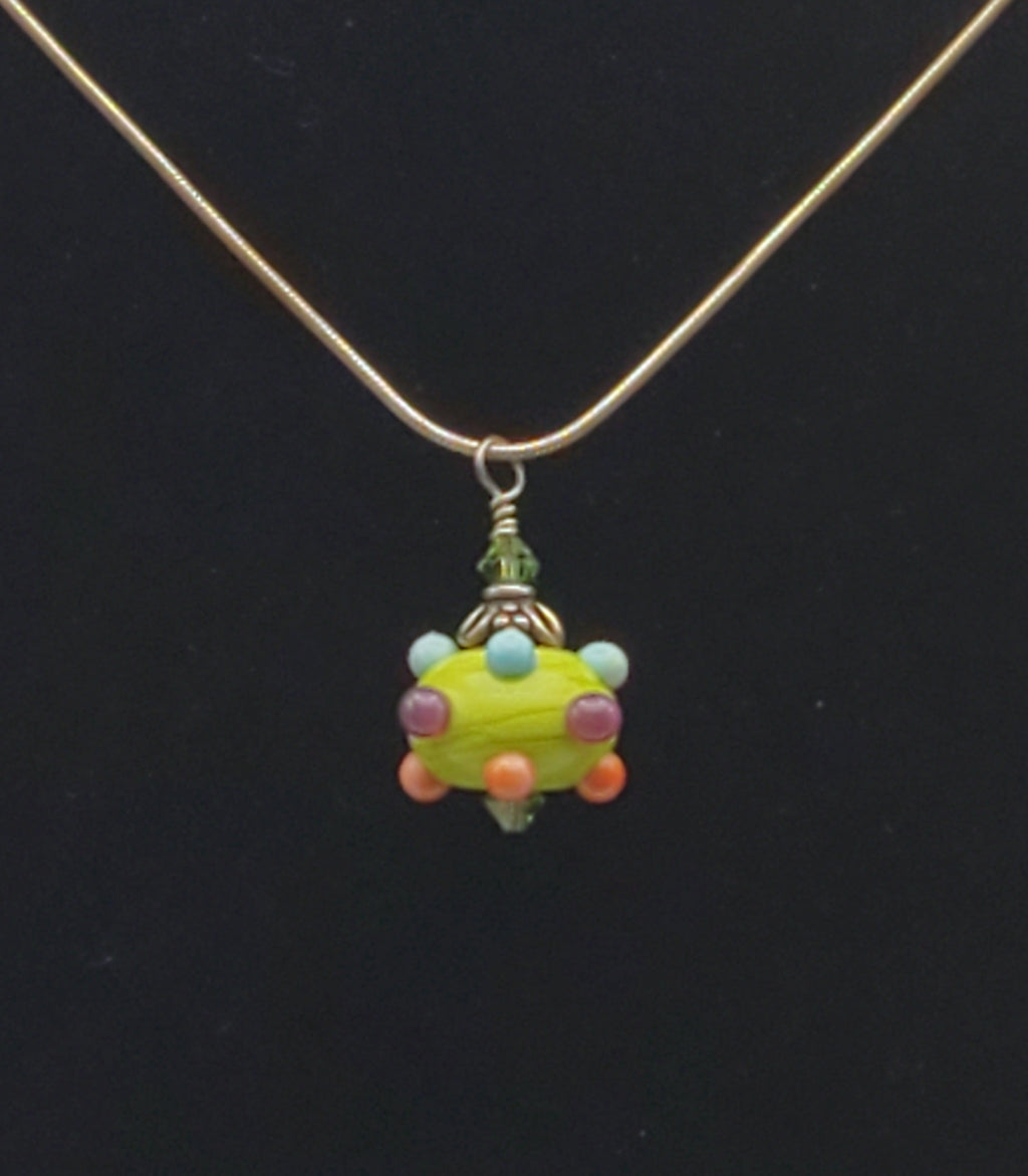 Vintage Handmade Glass Bead Pendant on Sterling Silver Snake Link Chain Necklace - 18"