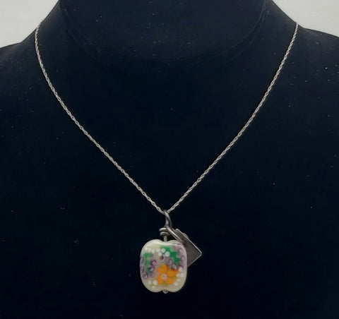 Vintage Floral Glass Bead Pendant on Sterling Silver Chain Necklace - 22"