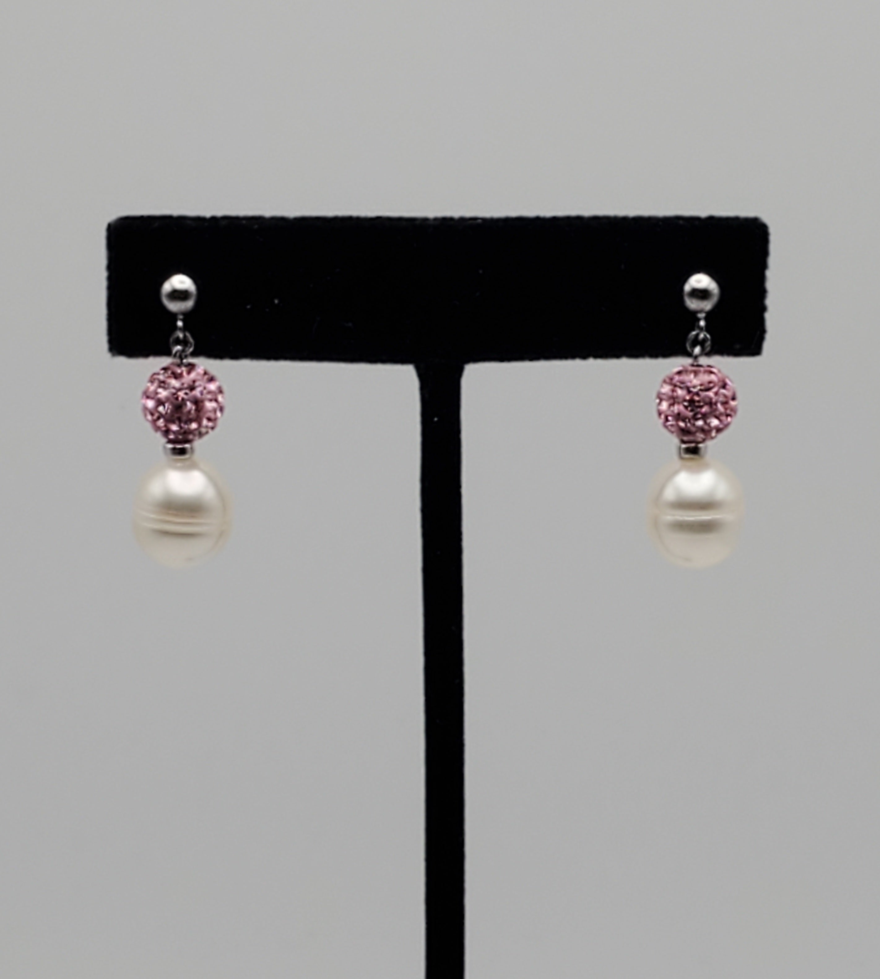 Honora - Vintage Pearl and Pink Rhinestones Sterling Silver Dangle Earrings