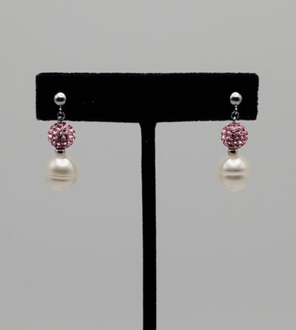 Honora - Vintage Pearl and Pink Rhinestones Sterling Silver Dangle Earrings
