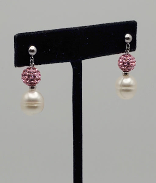 Honora - Vintage Pearl and Pink Rhinestones Sterling Silver Dangle Earrings