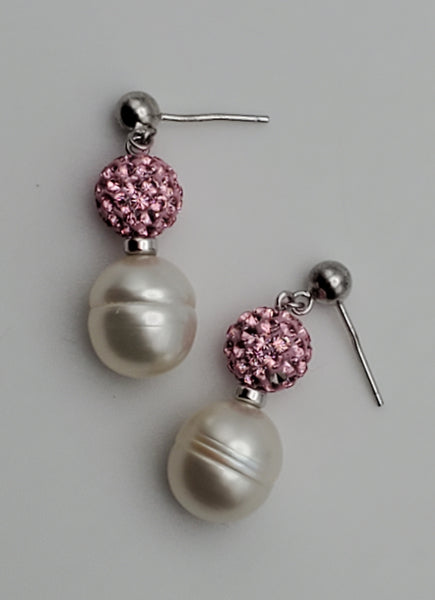 Honora - Vintage Pearl and Pink Rhinestones Sterling Silver Dangle Earrings