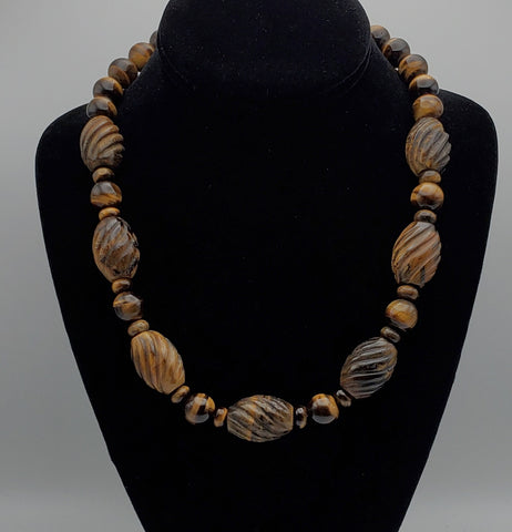 Vintage Handmade Carved Tiger's Eye Bead Necklace with Sterling Silver Clasp and Extension chain - 20.25 + 2.25"