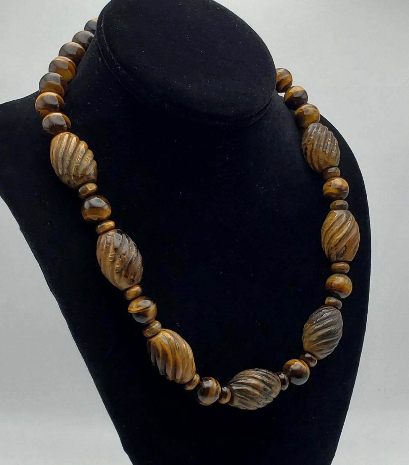 Vintage Handmade Carved Tiger's Eye Bead Necklace with Sterling Silver Clasp and Extension chain - 20.25 + 2.25"