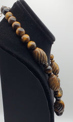 Vintage Handmade Carved Tiger's Eye Bead Necklace with Sterling Silver Clasp and Extension chain - 20.25 + 2.25"