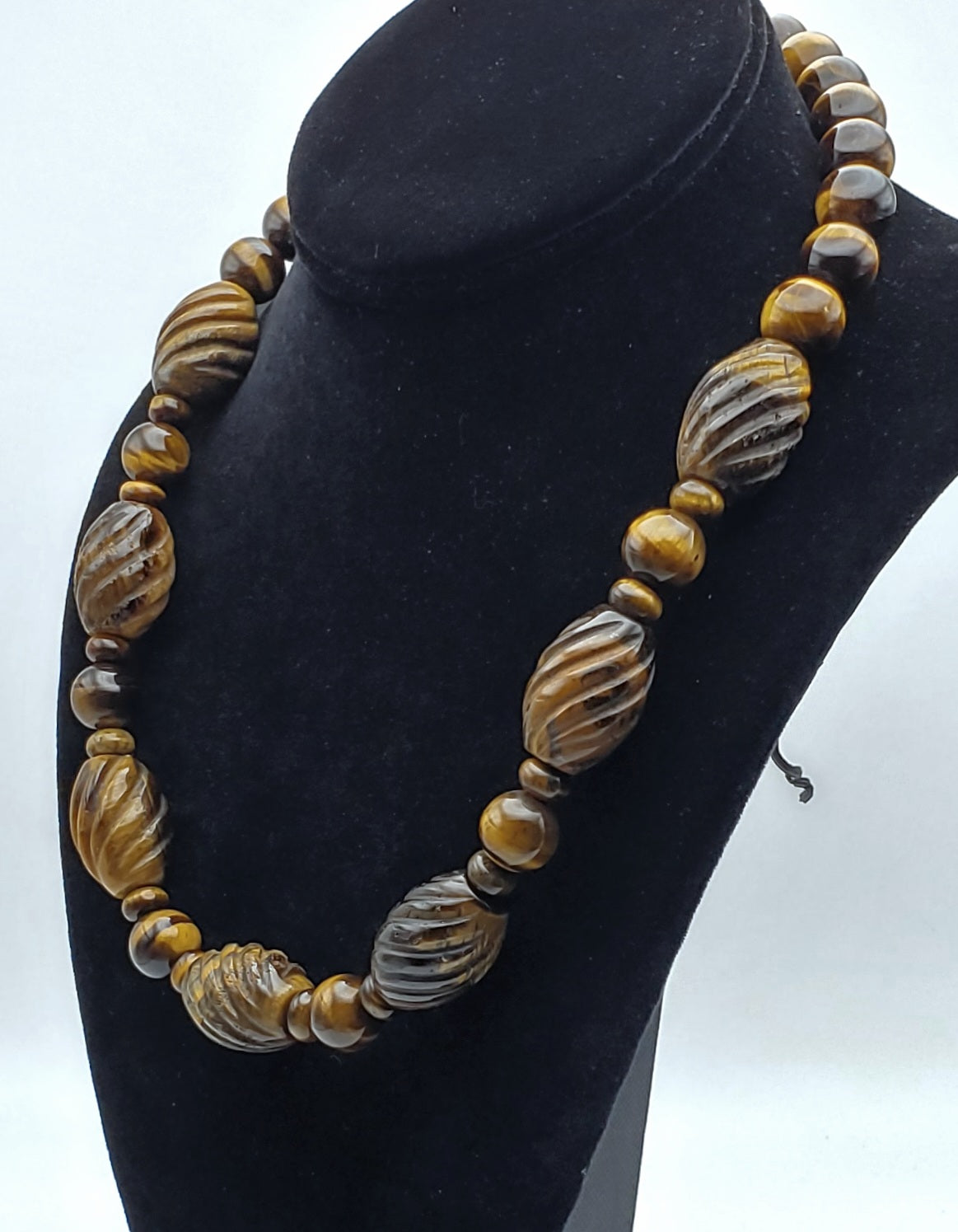 Vintage Handmade Carved Tiger's Eye Bead Necklace with Sterling Silver Clasp and Extension chain - 20.25 + 2.25"