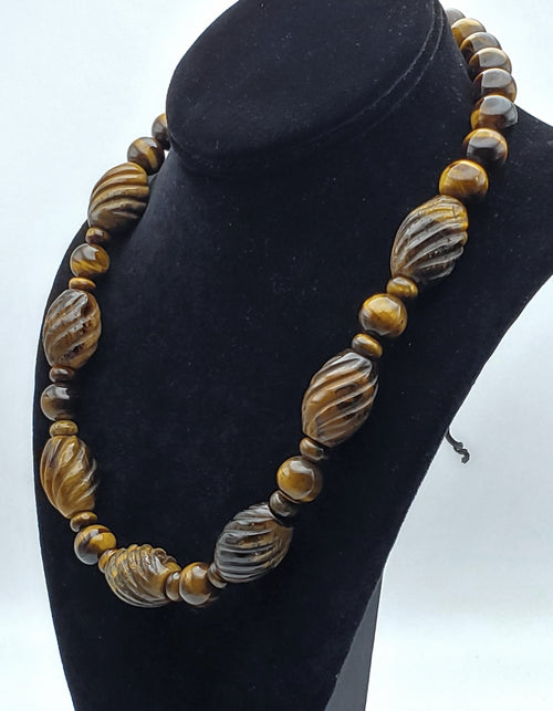Vintage Handmade Carved Tiger's Eye Bead Necklace with Sterling Silver Clasp and Extension chain - 20.25 + 2.25"