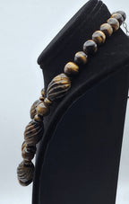 Vintage Handmade Carved Tiger's Eye Bead Necklace with Sterling Silver Clasp and Extension chain - 20.25 + 2.25"