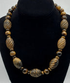 Vintage Handmade Carved Tiger's Eye Bead Necklace with Sterling Silver Clasp and Extension chain - 20.25 + 2.25"