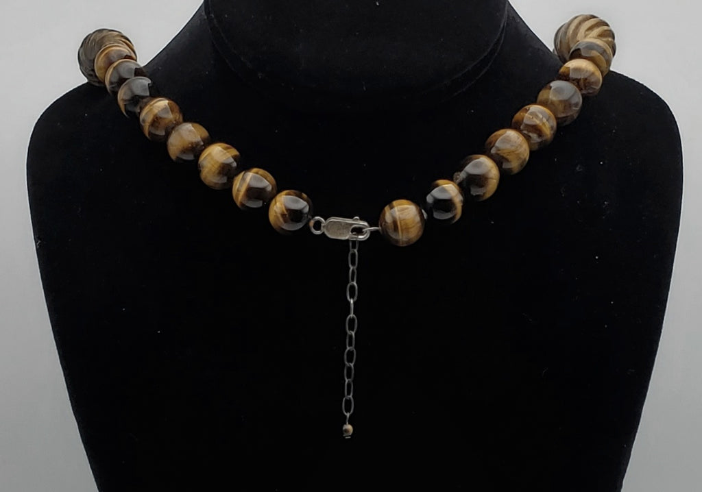 Vintage Handmade Carved Tiger's Eye Bead Necklace with Sterling Silver Clasp and Extension chain - 20.25 + 2.25"