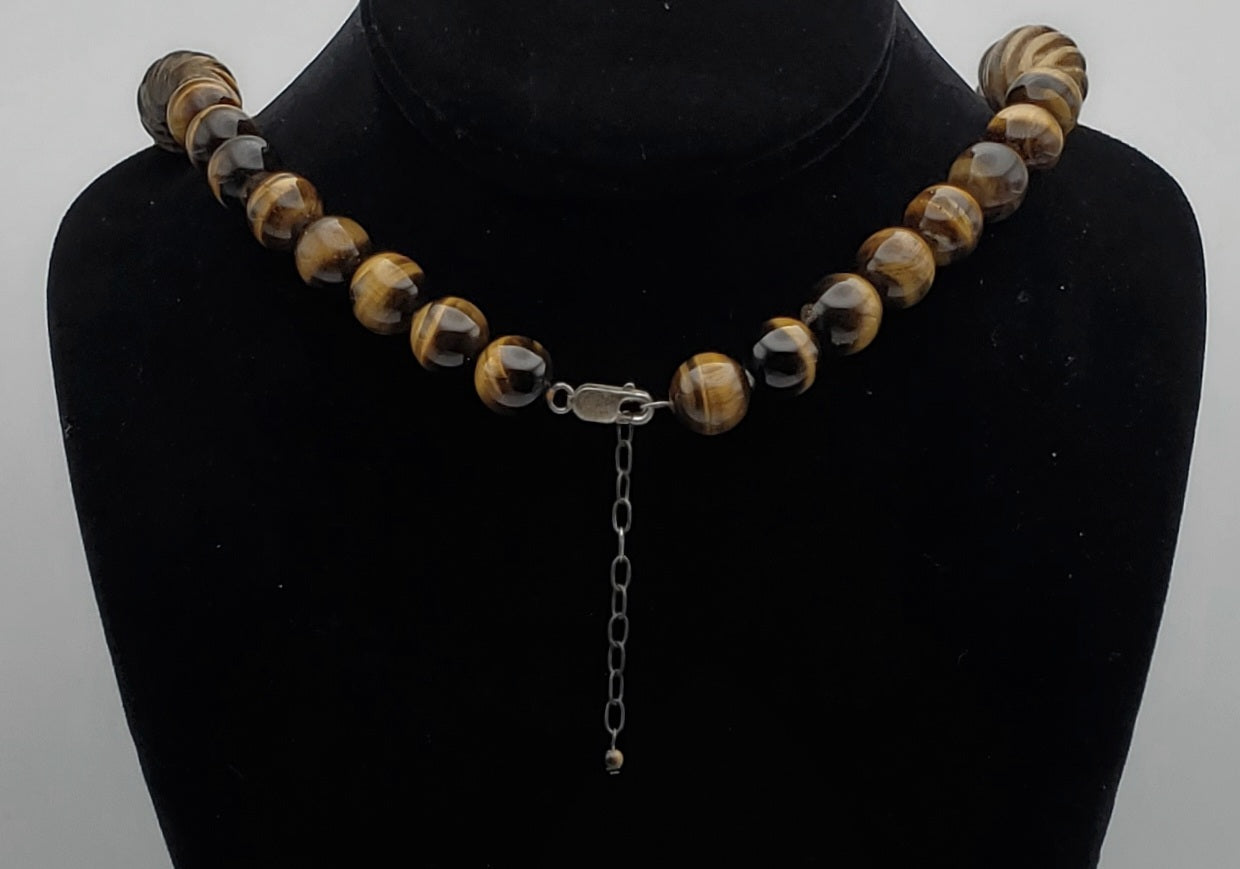 Vintage Handmade Carved Tiger's Eye Bead Necklace with Sterling Silver Clasp and Extension chain - 20.25 + 2.25"