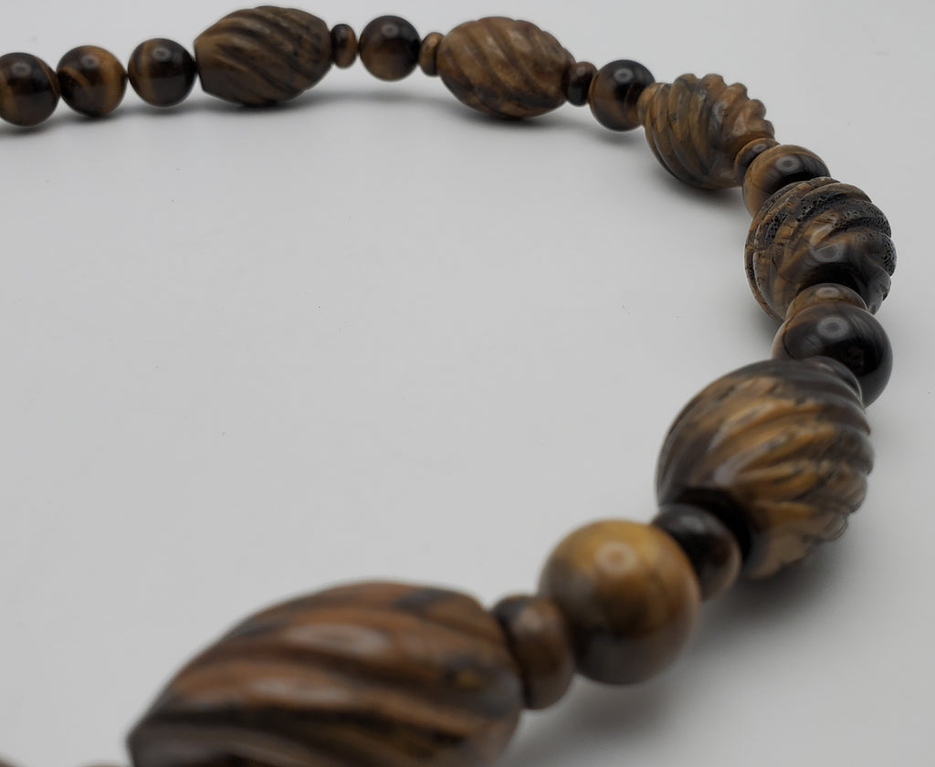 Vintage Handmade Carved Tiger's Eye Bead Necklace with Sterling Silver Clasp and Extension chain - 20.25 + 2.25"
