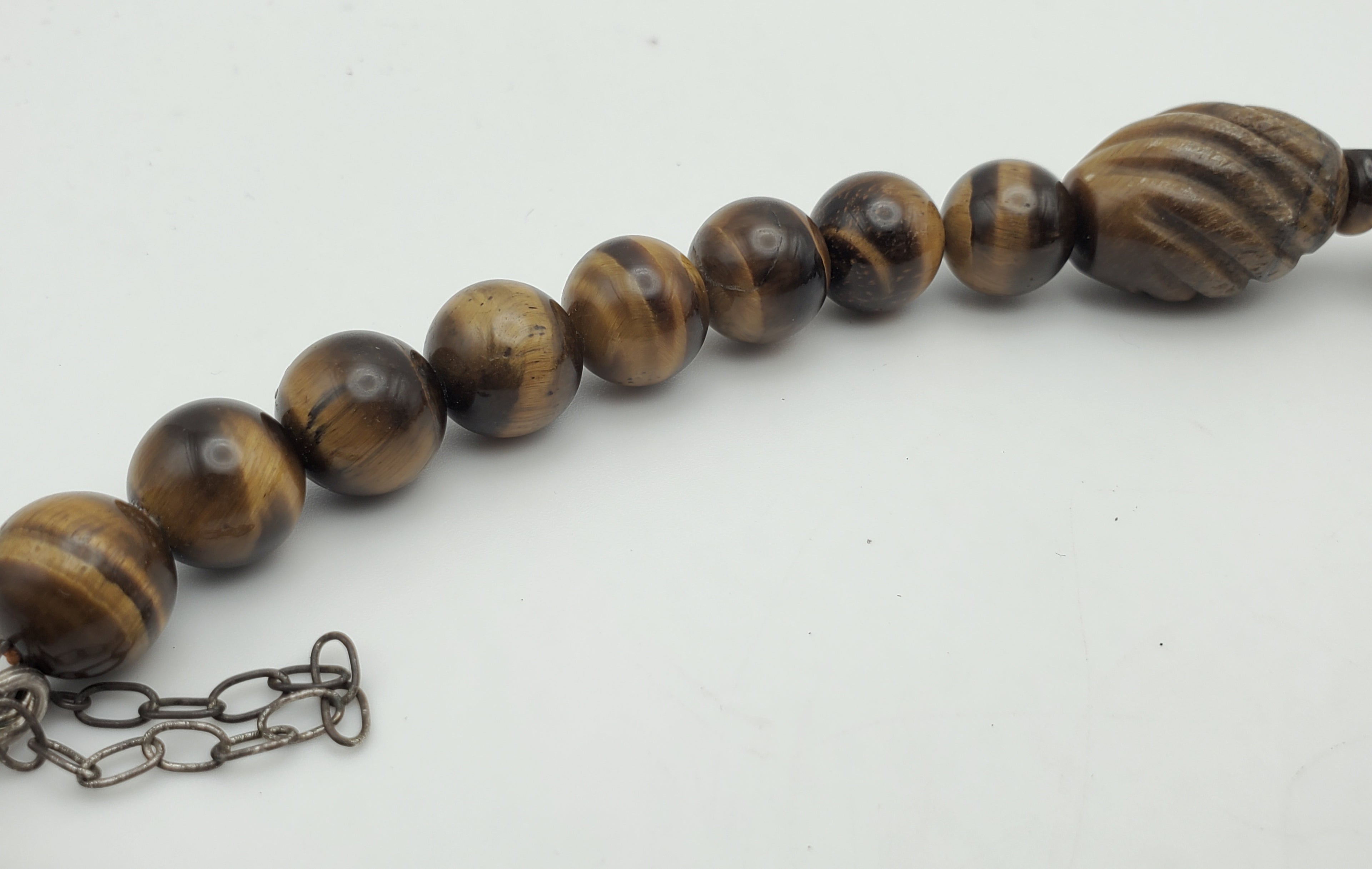Vintage Handmade Carved Tiger's Eye Bead Necklace with Sterling Silver Clasp and Extension chain - 20.25 + 2.25"