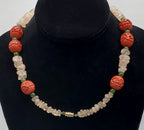 Vintage Rose Quartz, Jade and Faux Cinnabar Bead Necklace - 18"