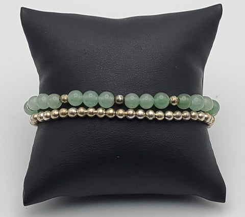 Vintage Jade and Silver Tone Bead Double Strand Bracelet - 7"